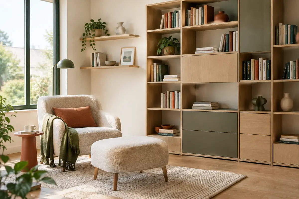 Bibliothèque modulable en bois clair et étagères ouvertes dans un coin lecture lumineux