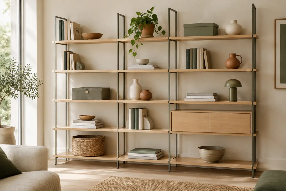 Étagères modulables ouvertes avec tablettes en bois clair et objets sobres