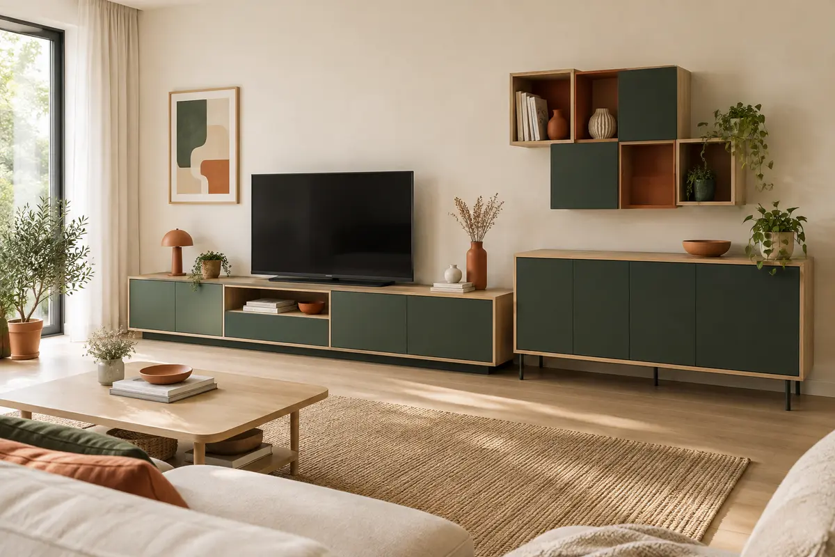 Meubles de salon modulables en bois clair dans un séjour lumineux