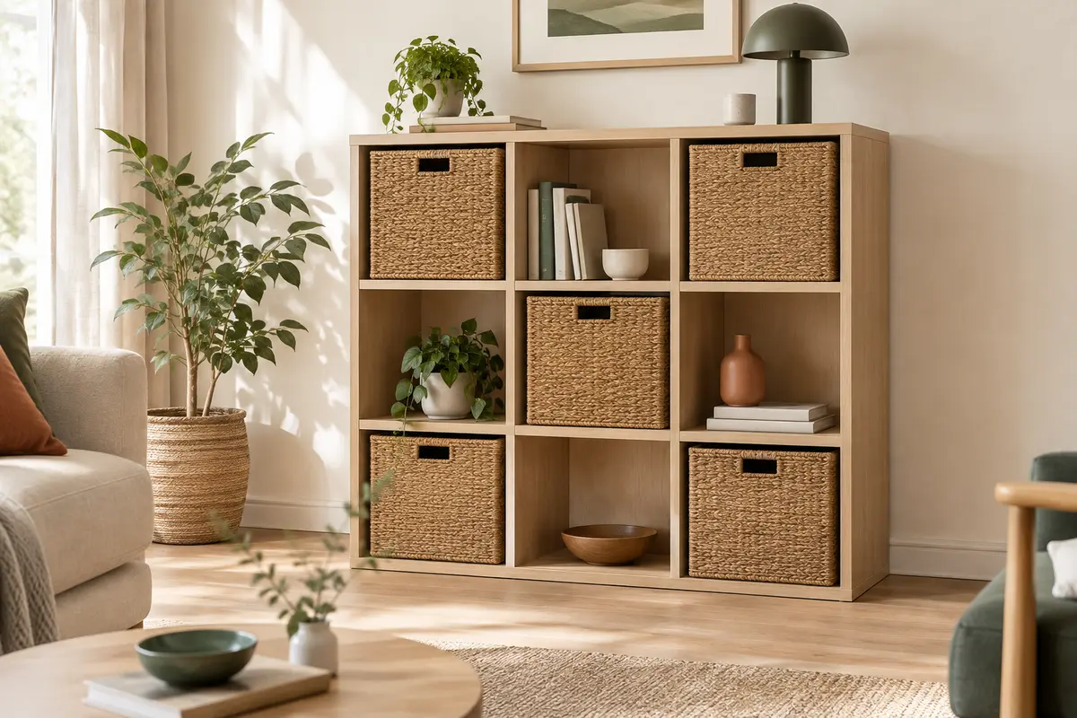 Meuble à cases modulable avec compartiments ouverts et paniers naturels