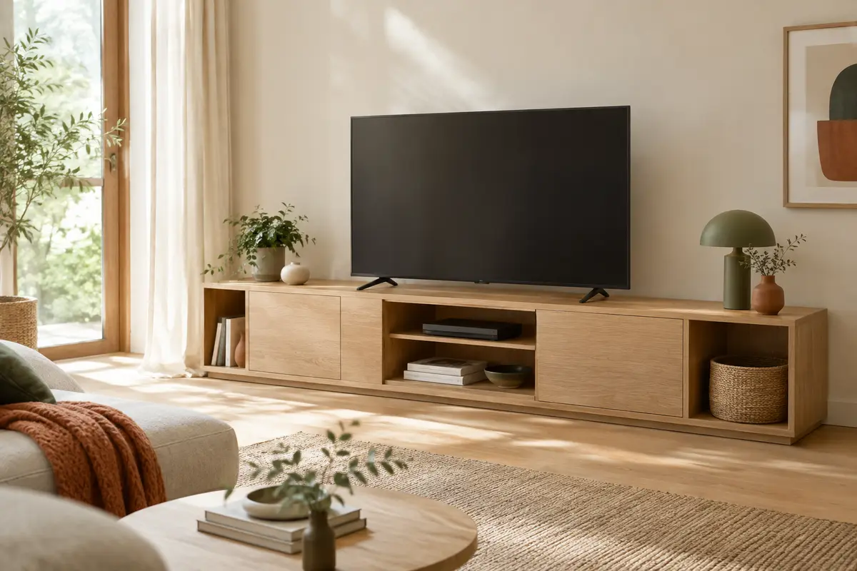 Meuble TV modulable bas avec caissons ouverts et fermés en bois clair
