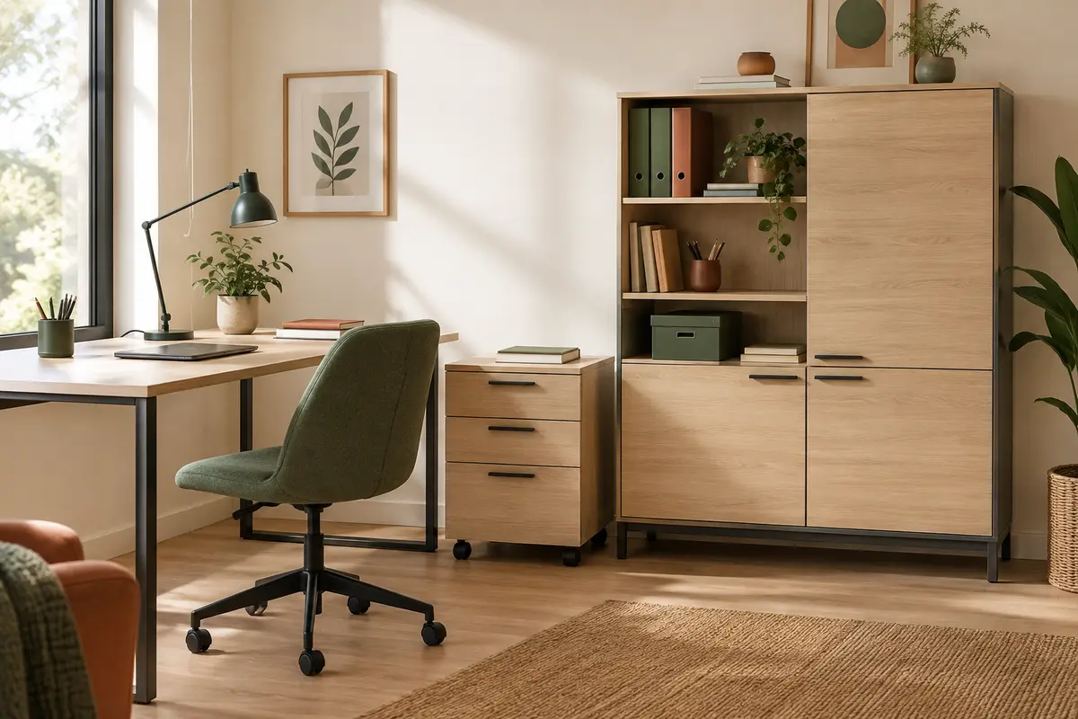 Caisson et armoire de bureau modulables dans un espace de travail lumineux