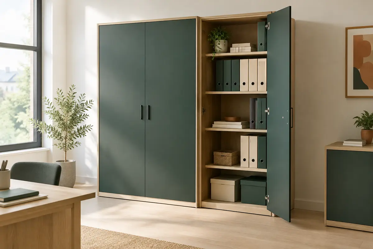 Armoire de bureau modulable avec tablettes réglables et dossiers classés