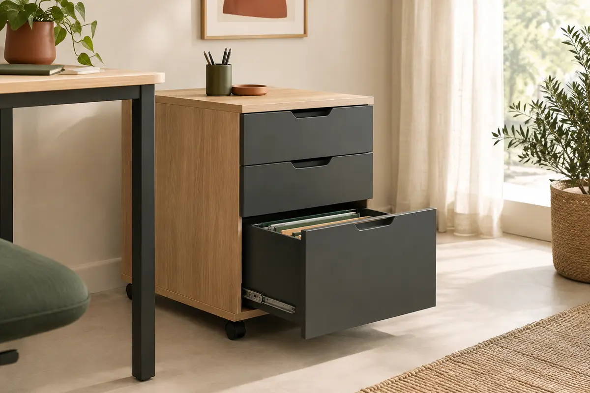 Caisson de bureau modulable à tiroirs avec dossiers et fournitures rangés