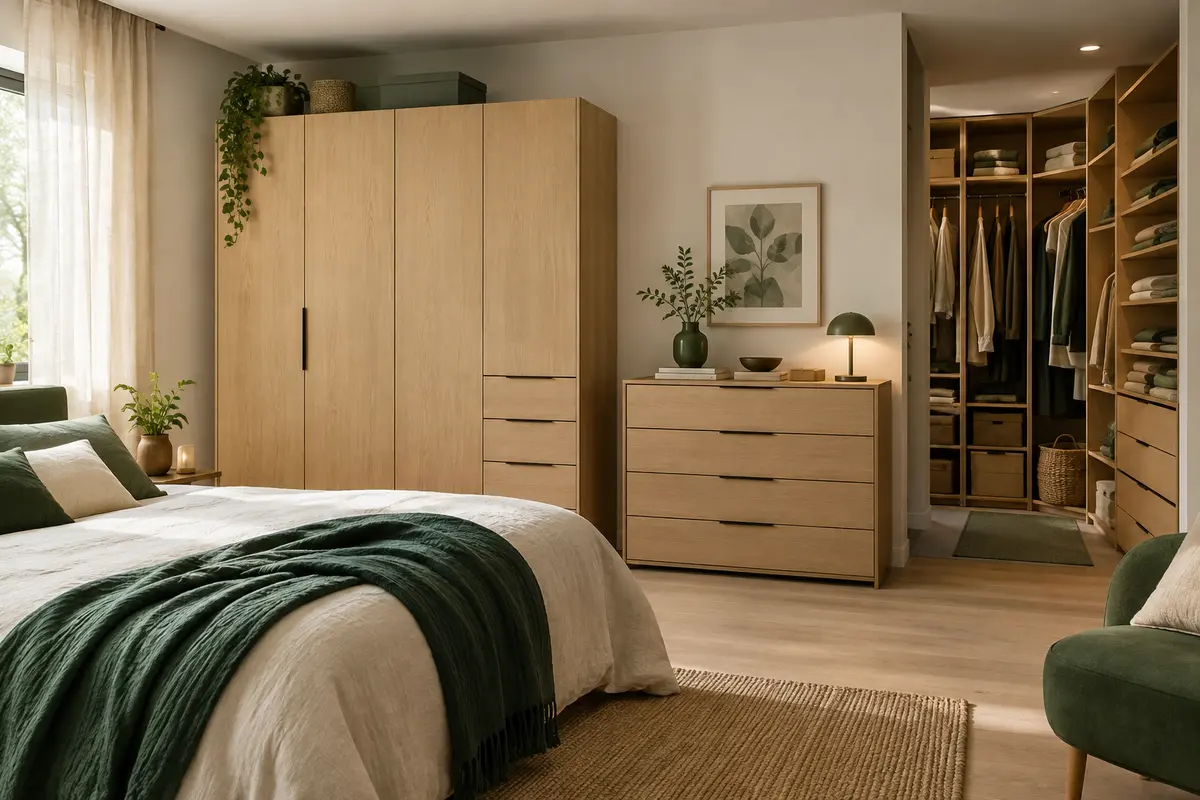 Rangements modulables en bois clair dans une chambre lumineuse et apaisante