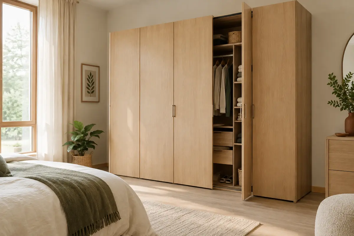 Armoire modulable en bois clair avec aperçu des rangements intérieurs