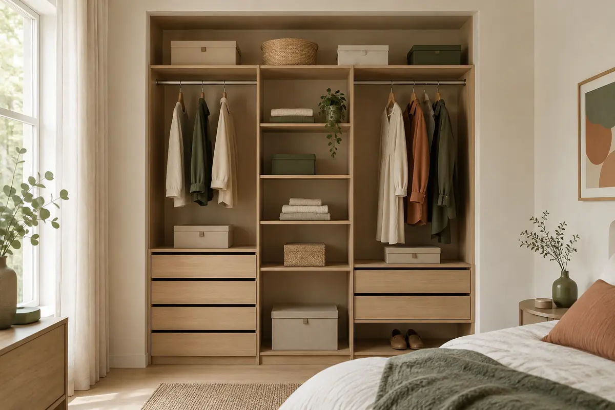 Dressing modulable ouvert avec penderie, étagères et tiroirs coordonnés