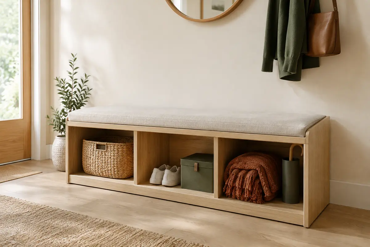 Banc de rangement modulable en bois clair avec compartiments intégrés