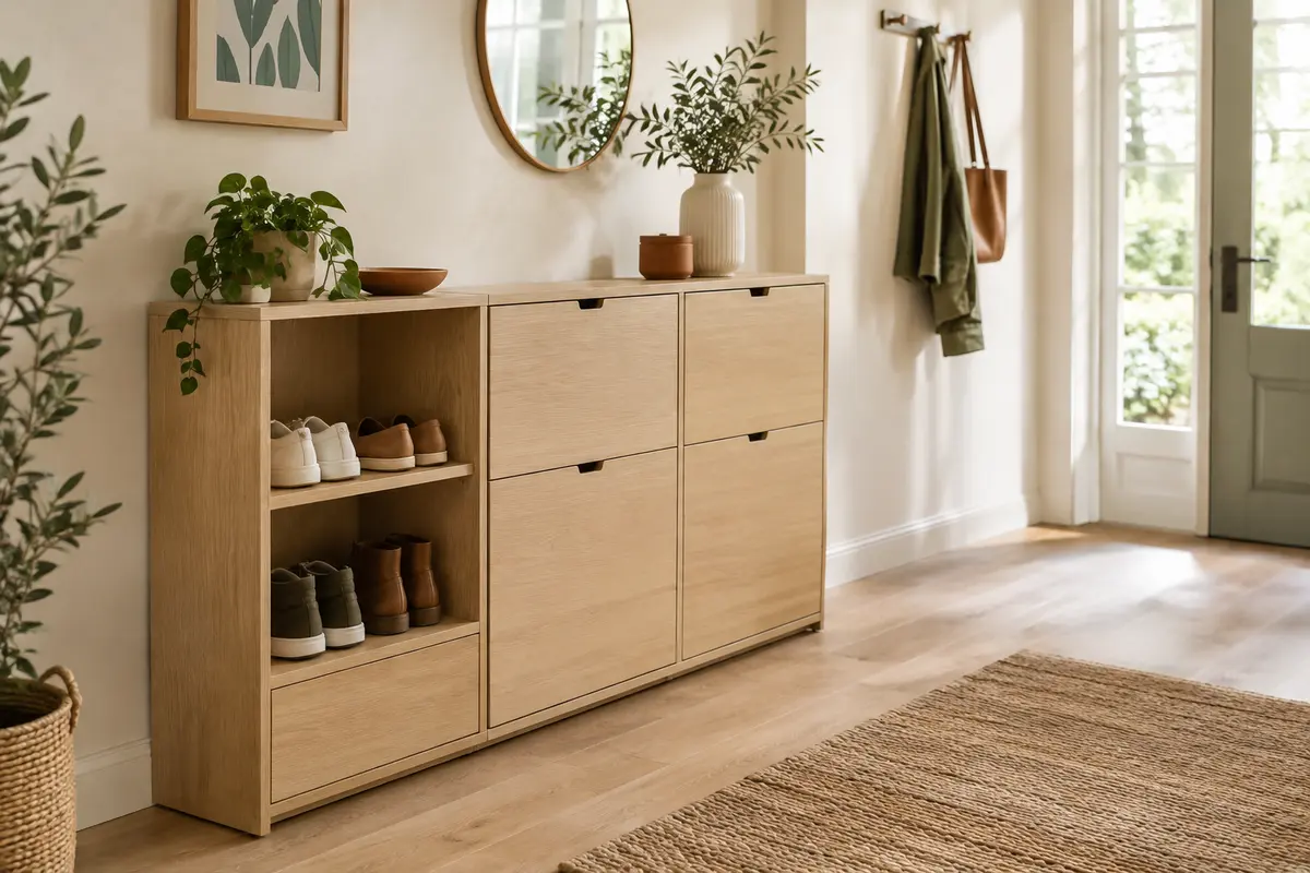Meuble à chaussures modulable avec compartiments dans une entrée lumineuse