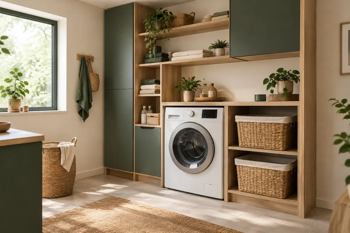 Rangements modulables autour d’un lave-linge dans une buanderie ordonnée