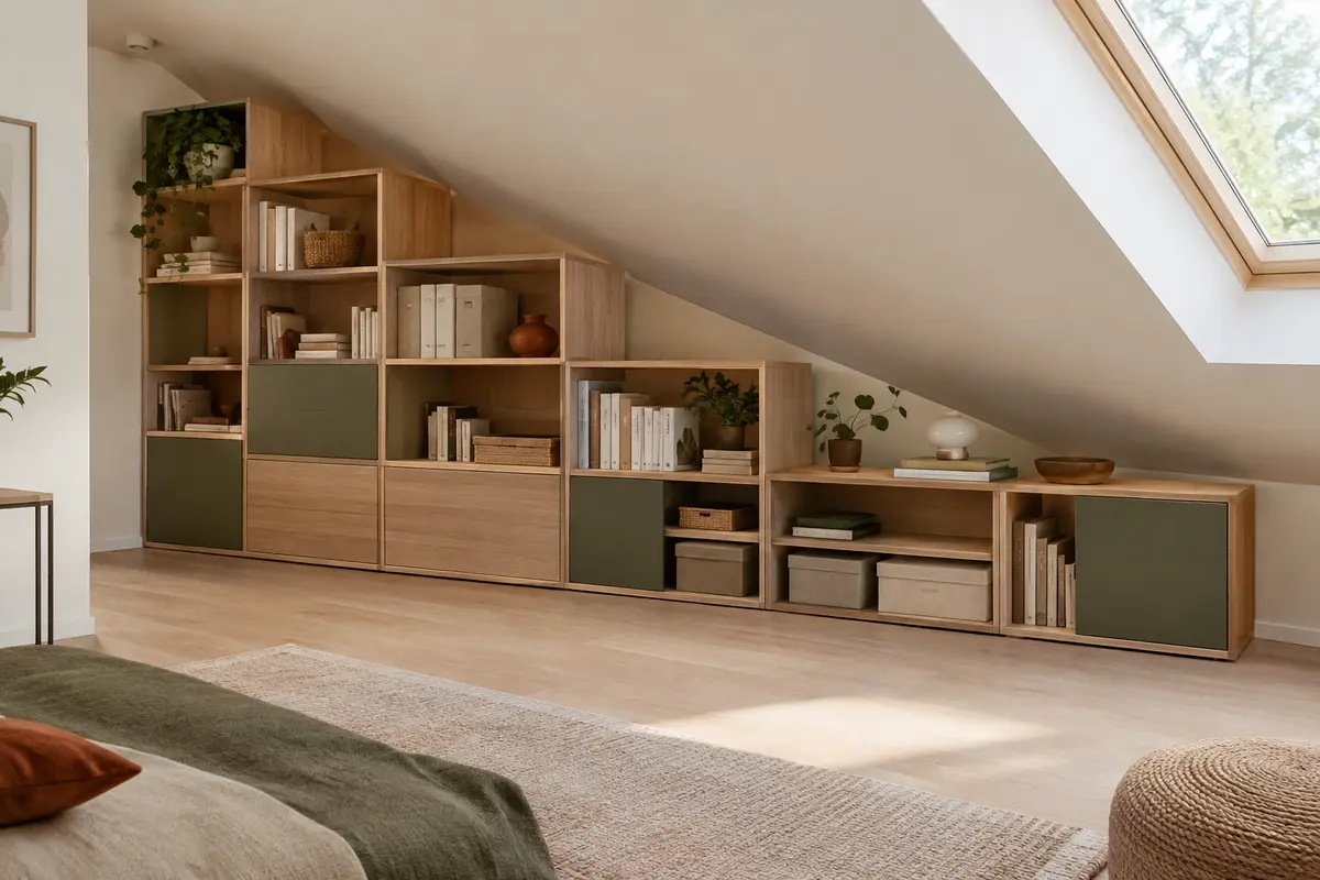 Modules de rangement de hauteurs différentes disposés sous un plafond mansardé.