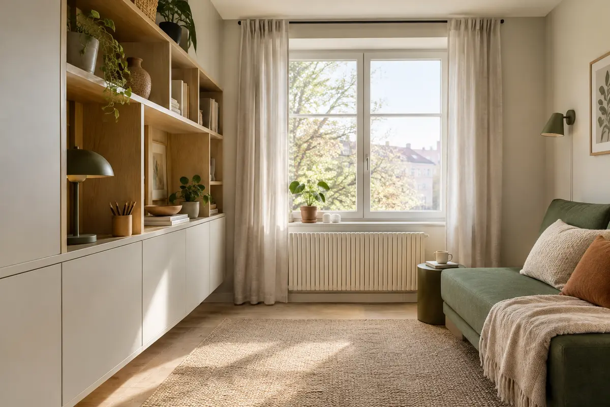Rangement modulable en hauteur sur un mur latéral, avec fenêtre, radiateur et circulation laissés libres.