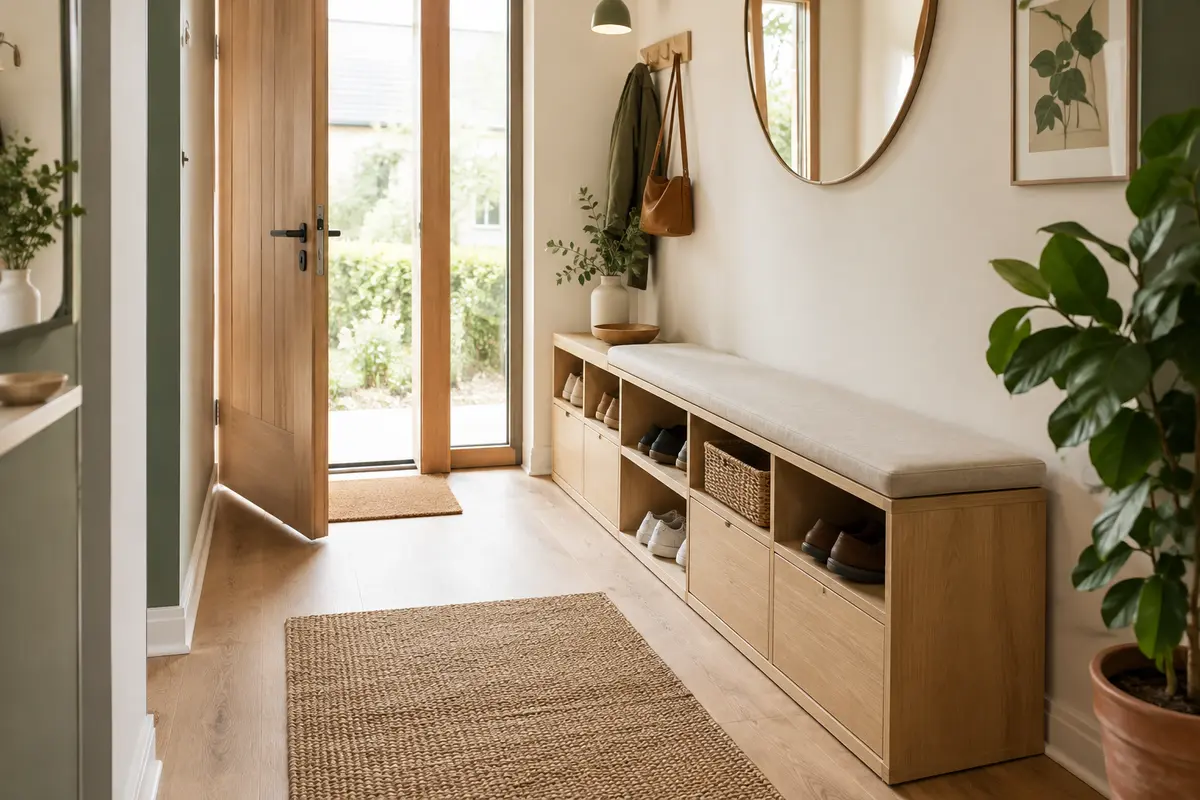 Banc de rangement en bois clair dans une entrée, avec chaussures rangées et passage dégagé.