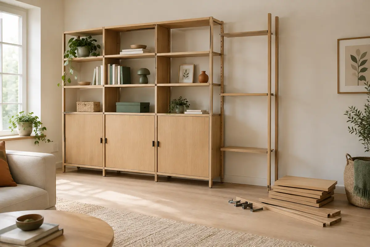 Étagère modulable en place avec un espace prévu pour ajouter des modules et des accessoires