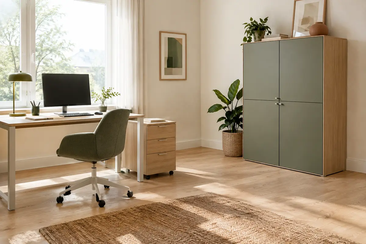 Bureau à domicile avec un caisson bas près du poste de travail et une armoire modulable fermée contre le mur.