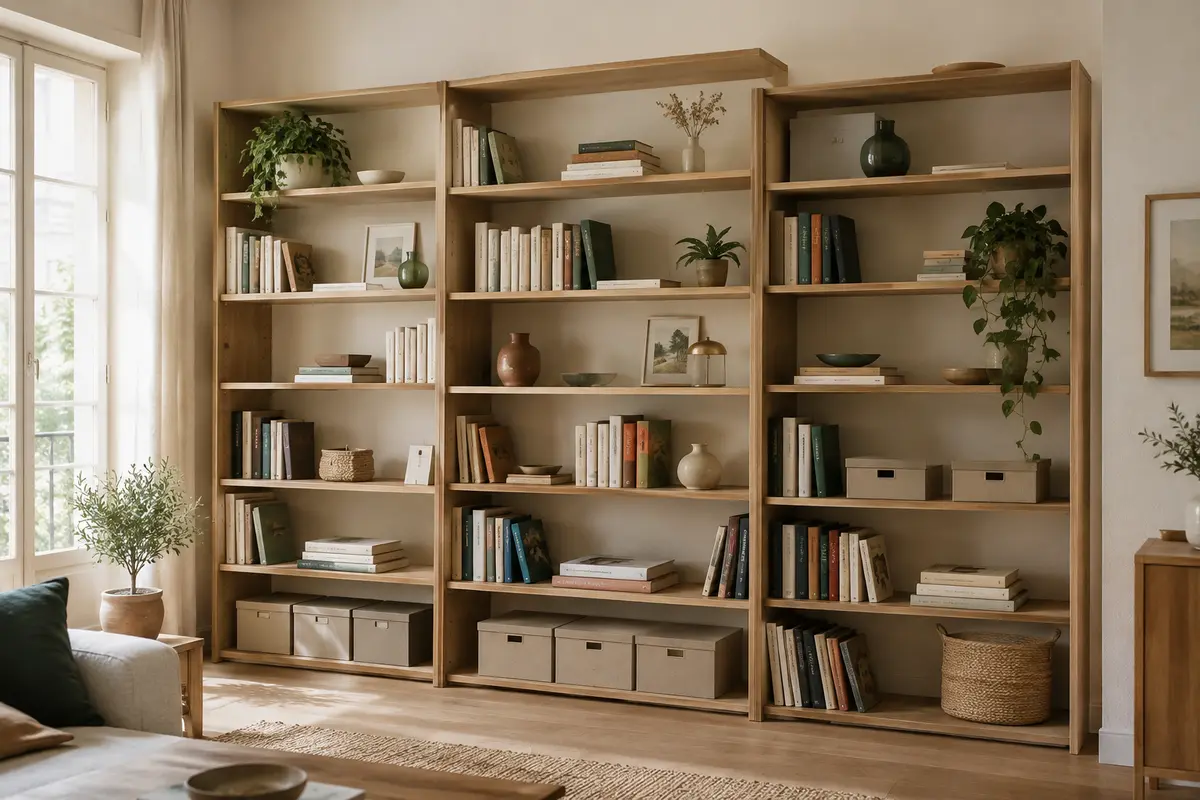 Bibliothèque modulable avec livres et boîtes rangés sur des tablettes espacées selon leur hauteur