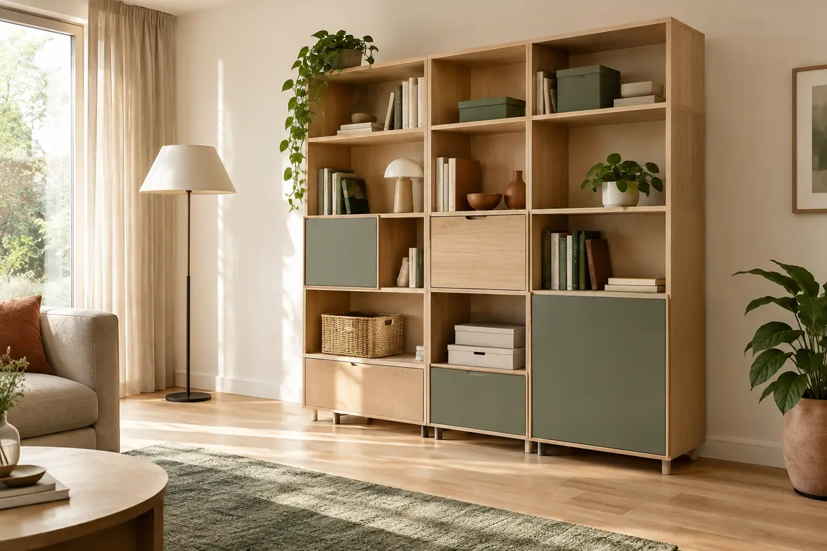 Meuble de rangement modulable composé de cases et d’étagères, avec un espace libre prévu pour une évolution