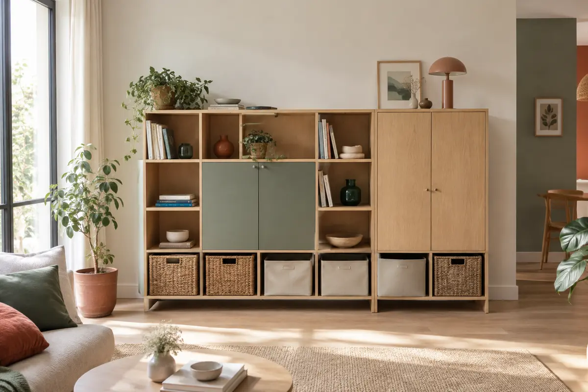 Meuble à cases modulable associant des compartiments ouverts, des paniers de rangement et des portes fermées
