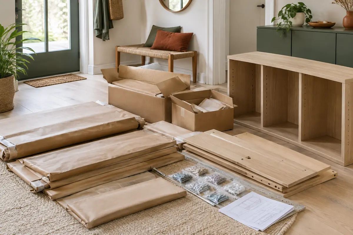 Meuble modulable démonté et protégé dans des cartons, prêt à être vérifié avant un éventuel retour