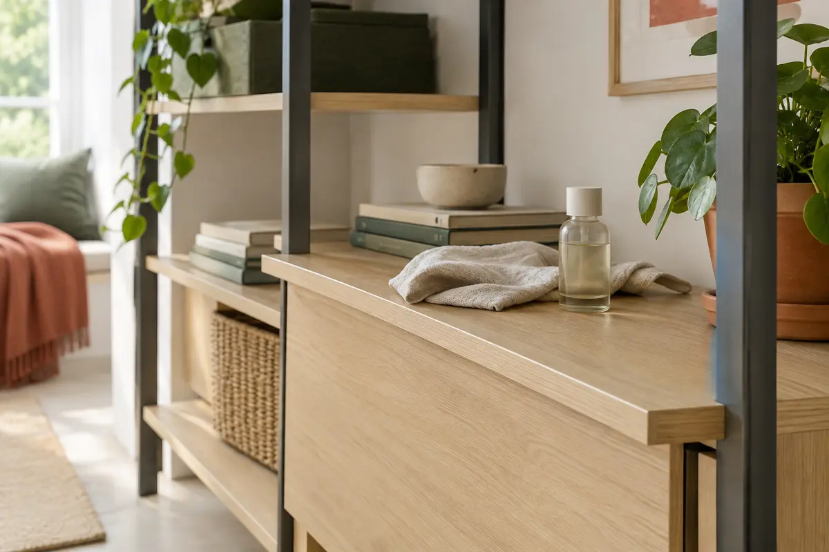 Meuble de rangement modulable en bois clair et métal avec un chiffon doux posé sur une étagère
