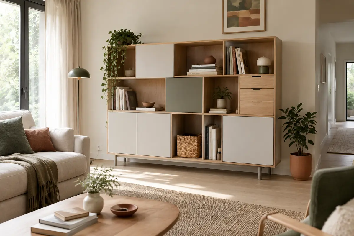 Meuble modulable aux cases ouvertes et fermées, organisé avec livres et boîtes dans un salon lumineux.