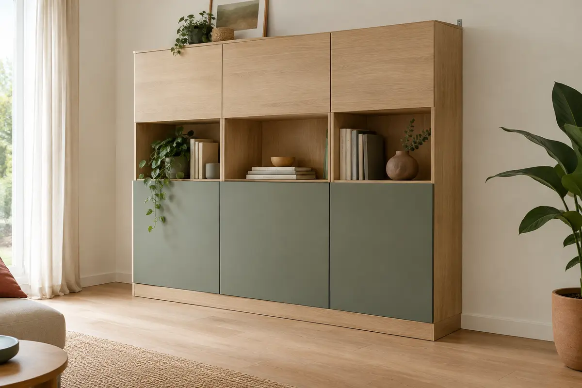 Meuble de rangement modulable fixé près du haut d’un mur clair dans une pièce dégagée