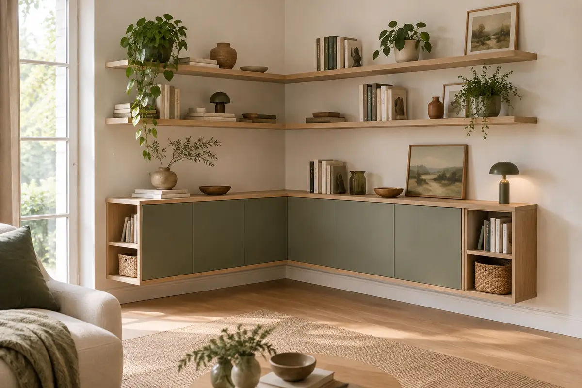 Étagères modulables peu profondes installées en angle, avec les objets accessibles et le passage dégagé