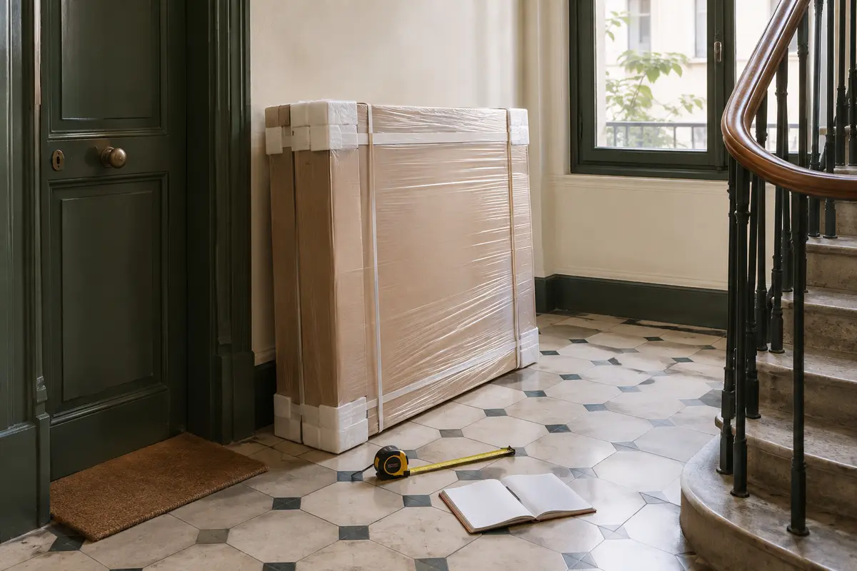 Colis de meuble modulable dans un couloir étroit, avec un mètre ruban pour vérifier le passage.