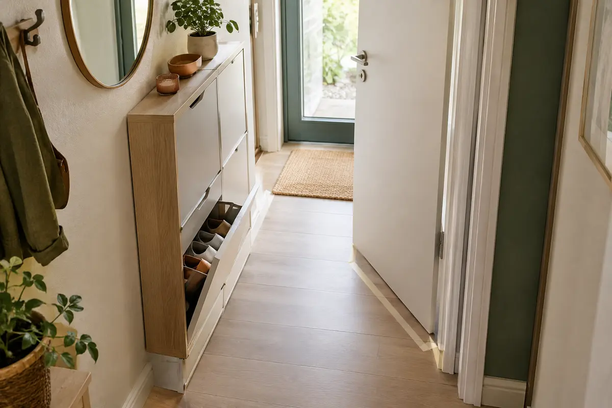 Meuble à chaussures modulable compact dans une entrée étroite, porte ouverte et passage dégagé.