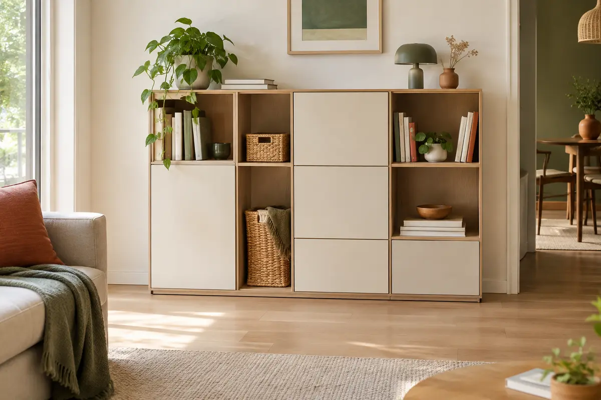 Meuble modulable associant des cases ouvertes pour les livres et des compartiments fermés pour dissimuler des objets.