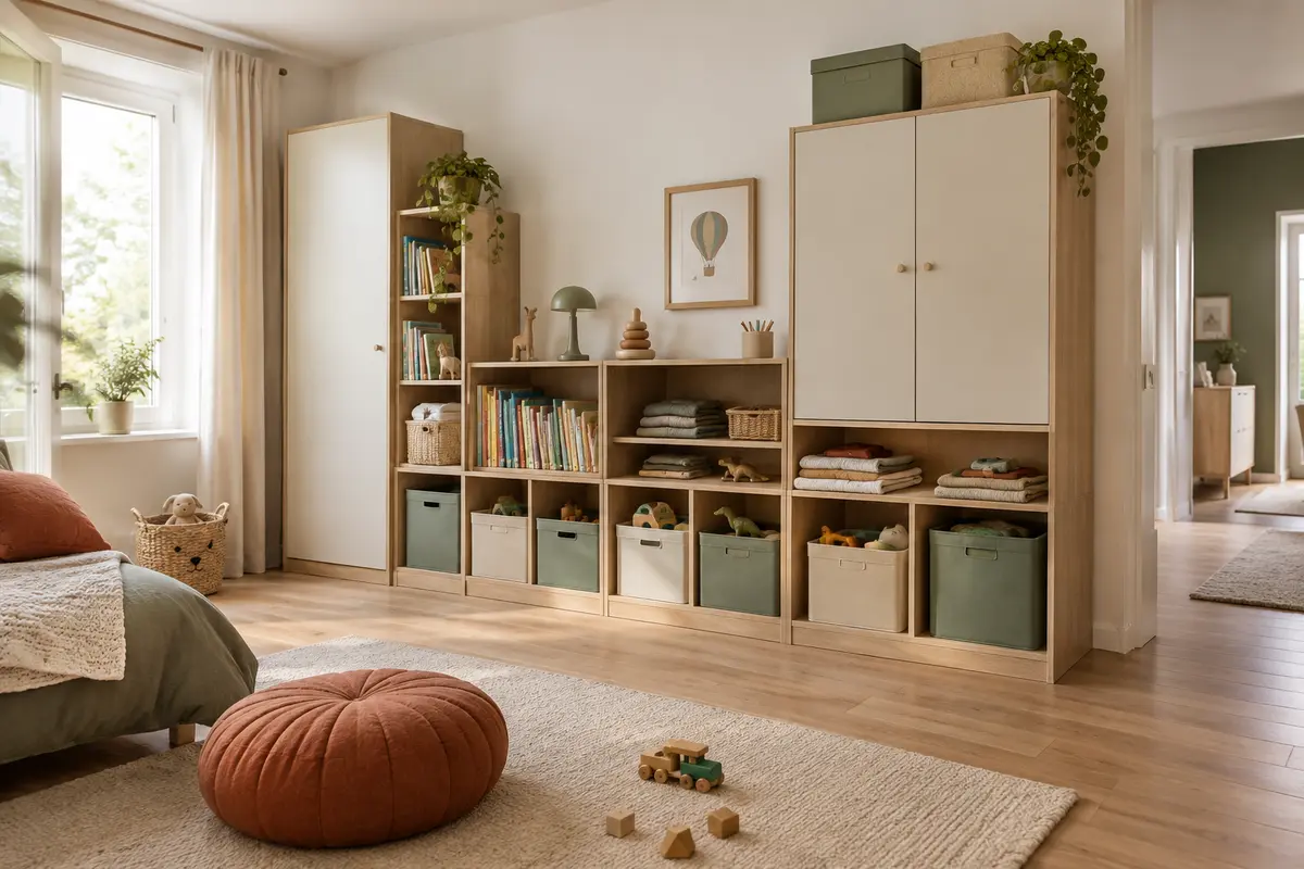 Rangement modulable dans une chambre d’enfant, avec livres, vêtements et jouets répartis par zones