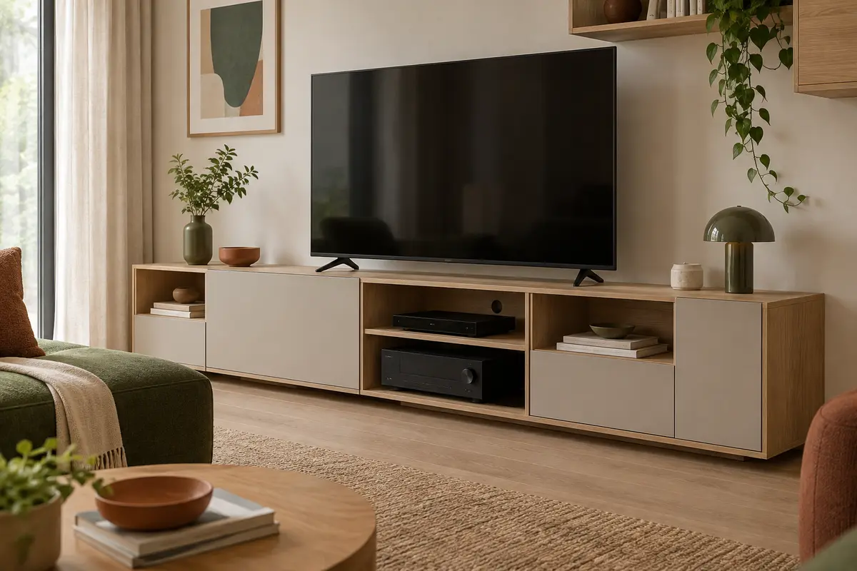 Meuble TV modulable avec câbles dissimulés dans les passages arrière et appareils placés dans des niches aérées