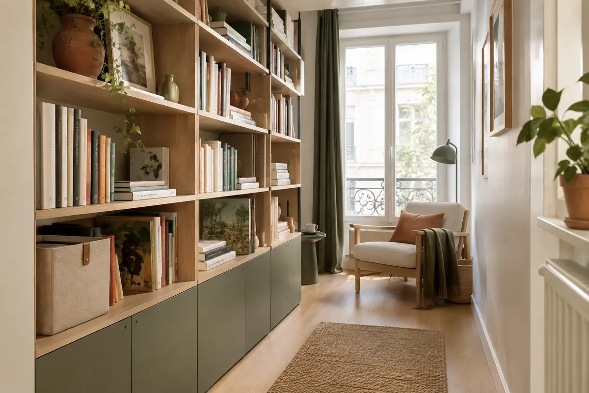 Bibliothèque modulable peu profonde avec livres et albums, installée sans bloquer le passage