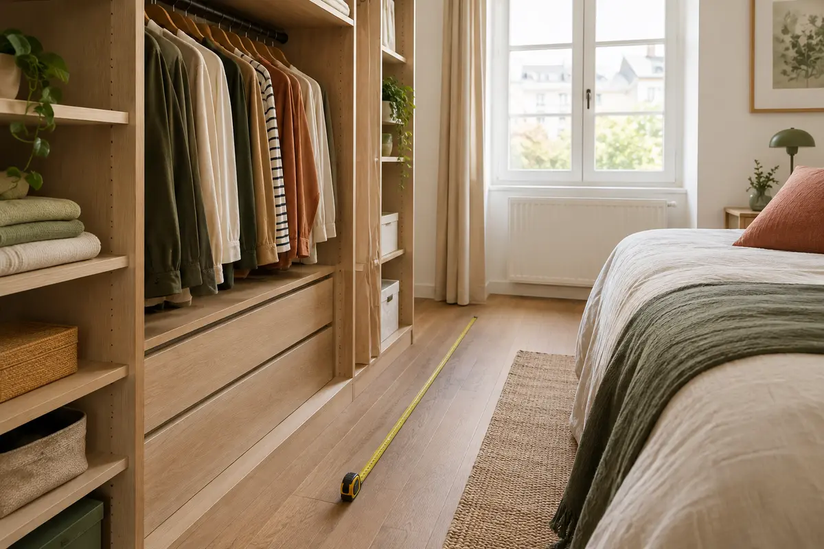 Dressing modulable ouvert dans une petite chambre, avec passage mesuré devant le meuble