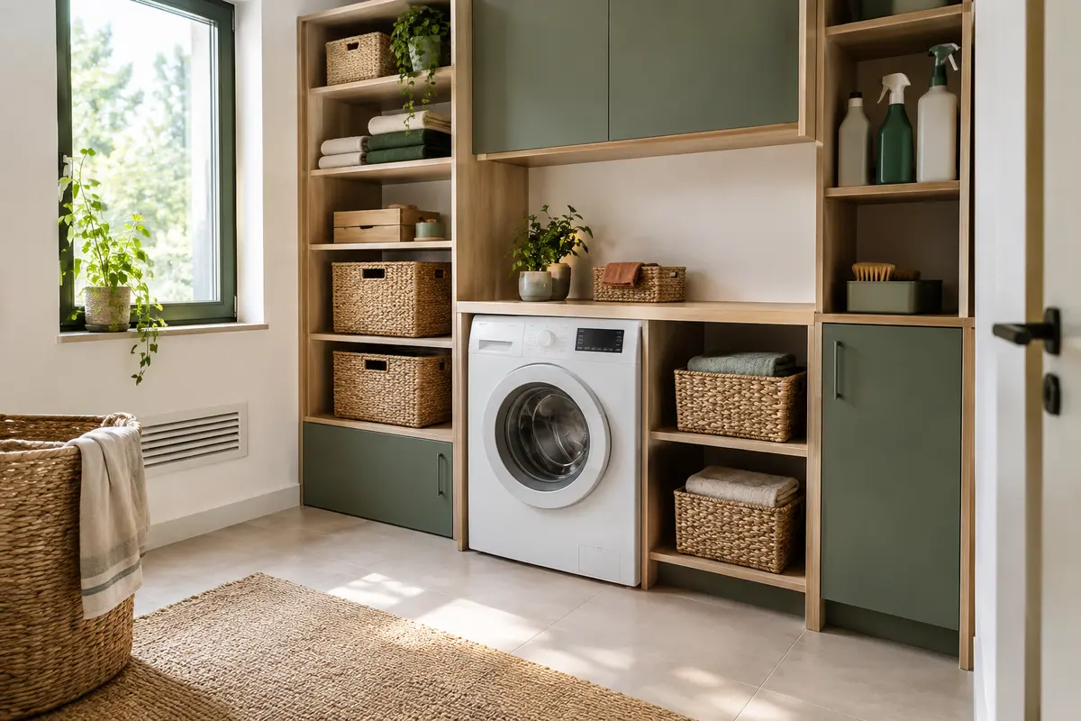 Rangement modulable dans une buanderie, avec paniers et produits ménagers séparés, sans bloquer la ventilation.