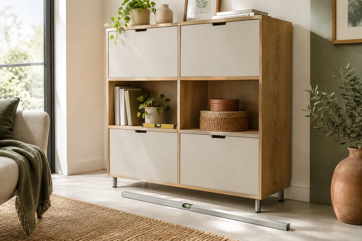 Meuble modulable avec niveau à bulle posé sur une tablette pour vérifier son aplomb sur le sol