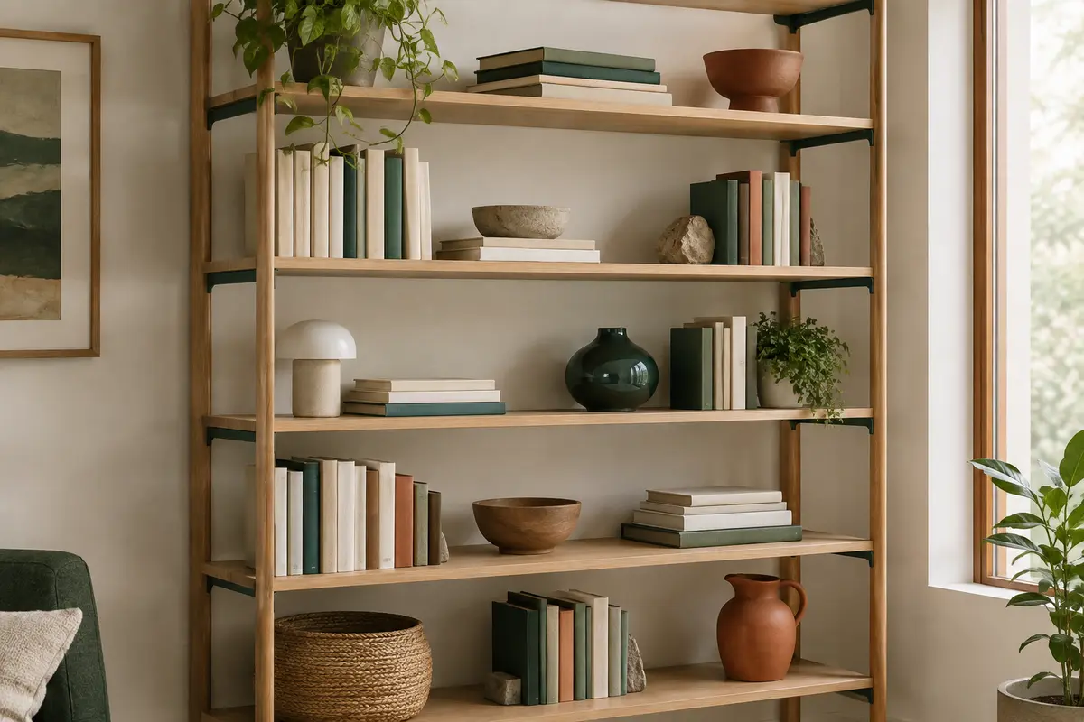 Étagère modulable chargée de livres et d’objets répartis sur plusieurs niveaux