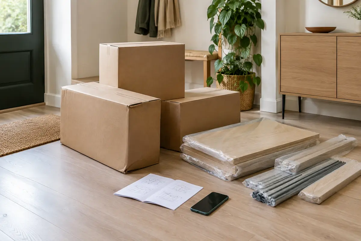 Cartons de rangement modulable inspectés avant le montage, avec un emballage présentant un angle abîmé.