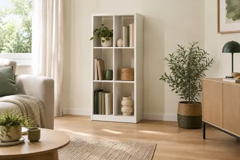 Étagère blanche à six cases ouvertes installée dans un salon lumineux avec des livres et objets rangés.