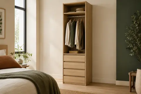 Module dressing en panneaux stratifiés naturels, avec quatre tiroirs et une penderie, dans une chambre lumineuse.
