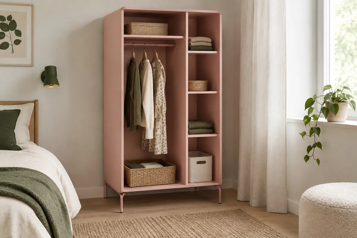 Armoire enfant rose avec penderie et rangement, installée dans une chambre lumineuse au décor sobre.
