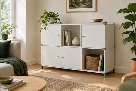 Meuble blanc de rangement modulable à six cubes avec portes, installé dans un salon lumineux aux tons naturels.