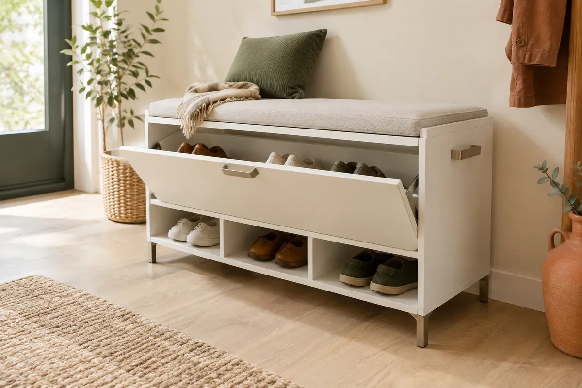 Banc à chaussures blanc avec assise coussinée et rangements ouverts dans une entrée lumineuse.