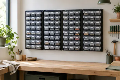 Rangement mural noir avec quatre panneaux et des boîtes à couvercle pour petites pièces d’atelier