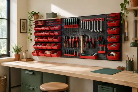 Rangement mural rouge avec boîtes empilables, crochets et outils à main dans un atelier lumineux.