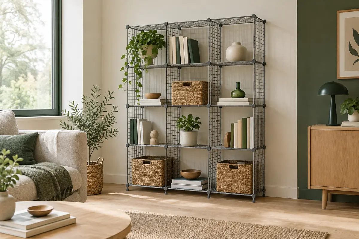 Étagère modulable grise à 12 cubes en métal, garnie de livres et de paniers dans un salon lumineux