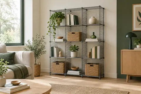 Étagère modulable grise à 12 cubes en métal, garnie de livres et de paniers dans un salon lumineux