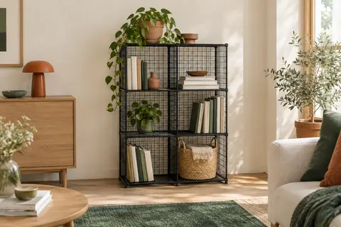Étagère noire en métal à six cubes garnie de livres et d’accessoires dans un salon lumineux