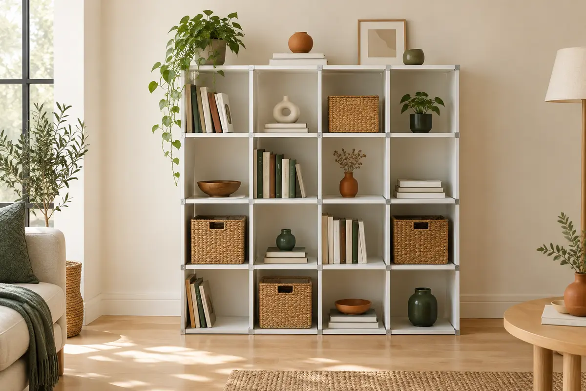Étagère blanche modulable à 16 cubes garnie de livres et de paniers dans un salon lumineux
