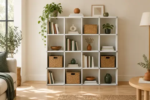 Étagère blanche modulable à 16 cubes garnie de livres et de paniers dans un salon lumineux